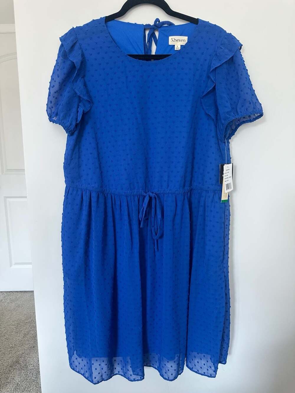 52seven Cobalt Blue Swiss Dot Flutter Sleeve Dress with Tie Neck Detail